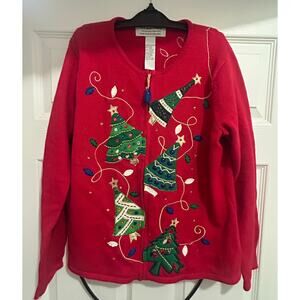 Vintage Tiara International Collection Ugly Christmas Sweater Red Zip Up Medium